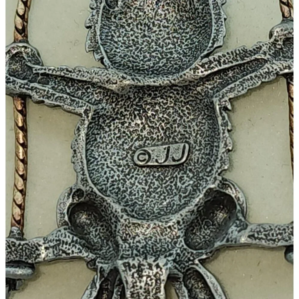 Vtg‎ JJ Jonette Pewter Brooch Pin Articulated Swinging Cat Birds Silver Toned